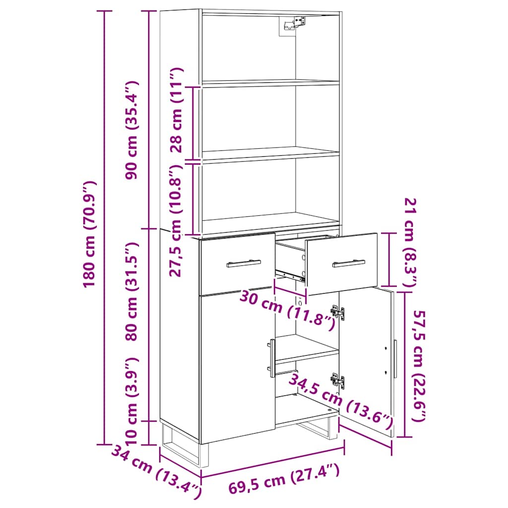 Highboard 2 pcs Black Oak Effect 69.5 x 34 x 180 cm