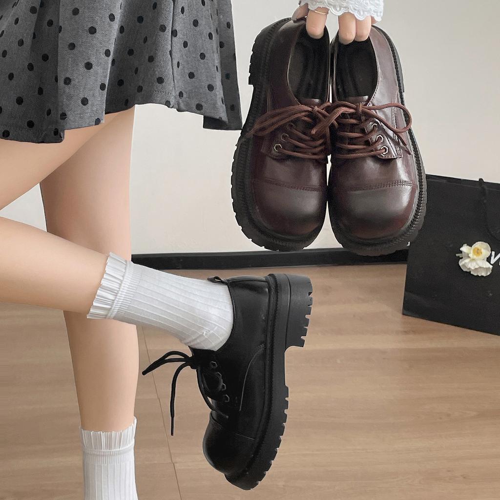 Black British Versatile Thick Heel Platform Small Leather Shoes Women's 2025 New Autumn Small Height French Single Shoes