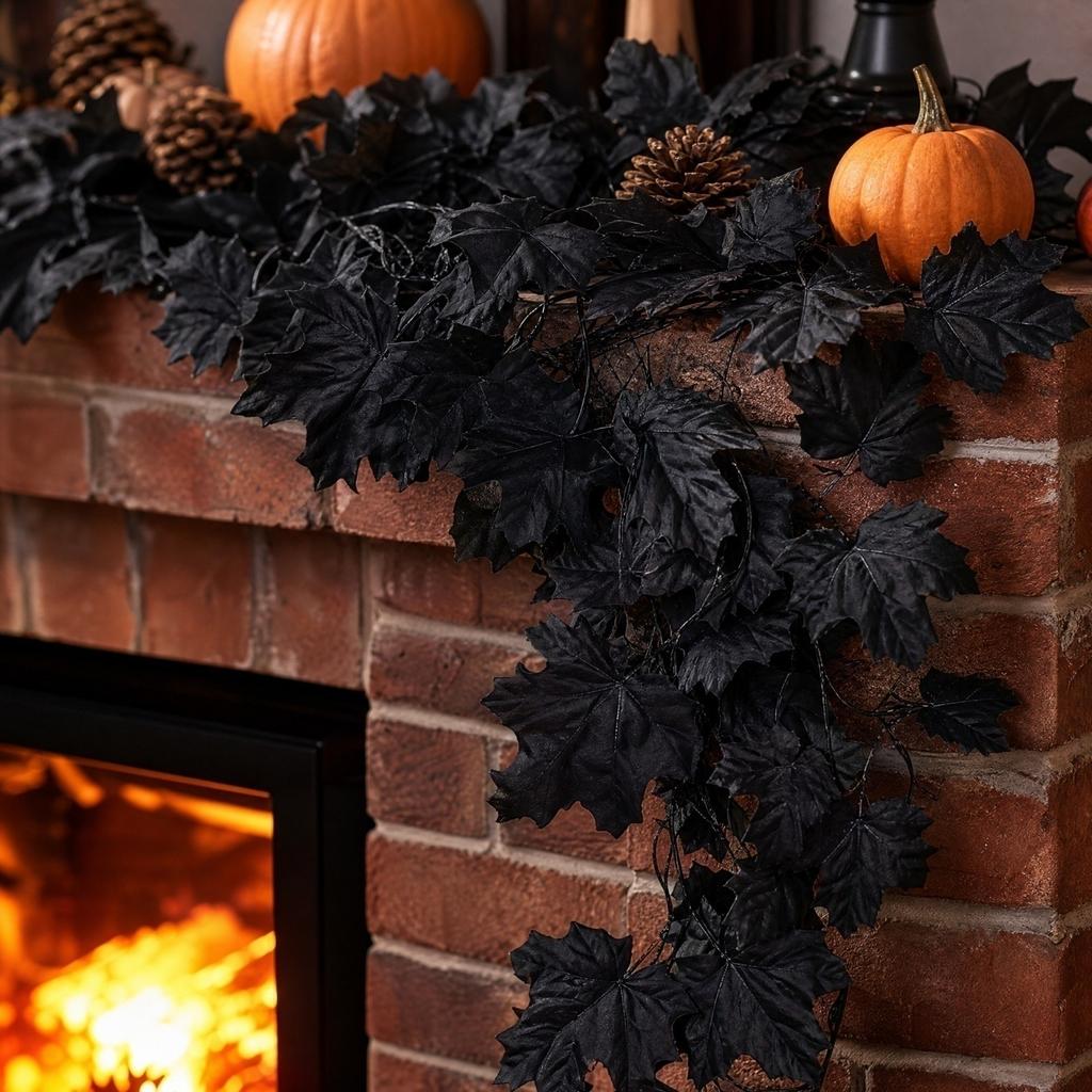 1.7m Artificial Black Maple Leaf Garland for Halloween Party Decoration