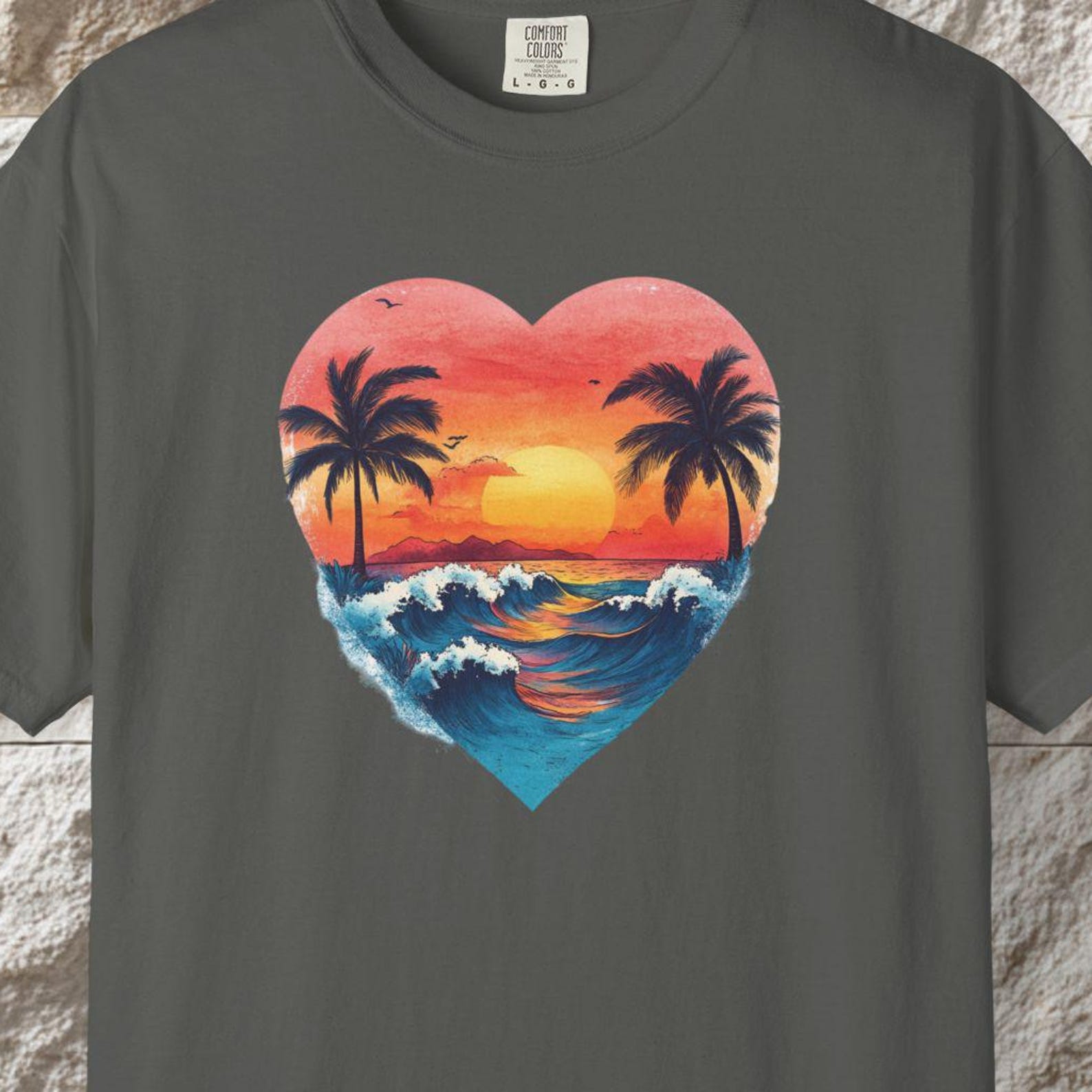 Valentine Heart Sunset T-Shirt, Romantic Beach Palm Tree Tee S