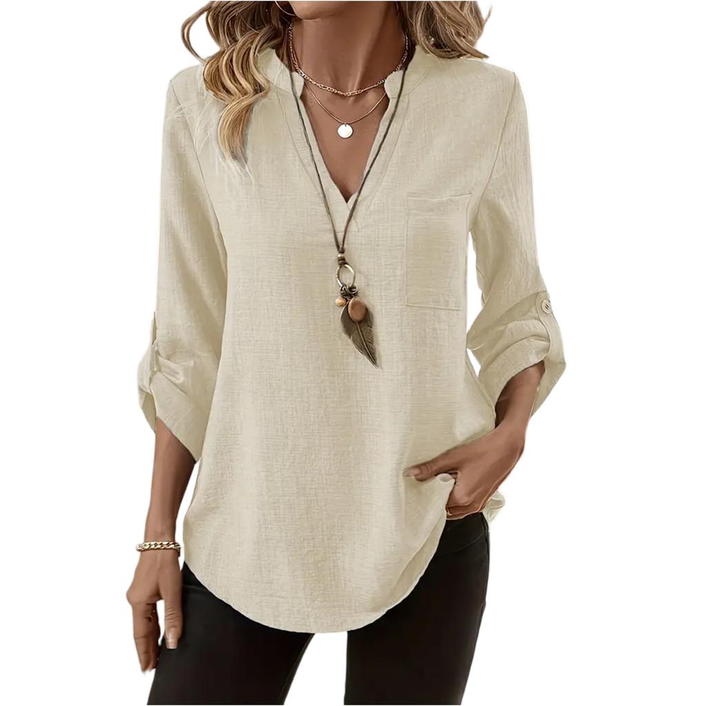 Women's Fashion Nine-minute Sleeve Cotton Linen Solid Colour Casual V-Neck Pocket Blouse Top
