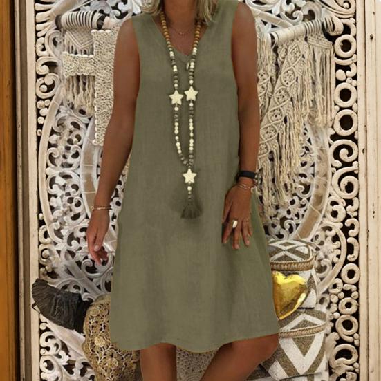 Lady Summer Dress Sleeveless V Neck A-line Solid Color Knee Length Midi Dress Pullover Vest Type Vacation Beach Dress