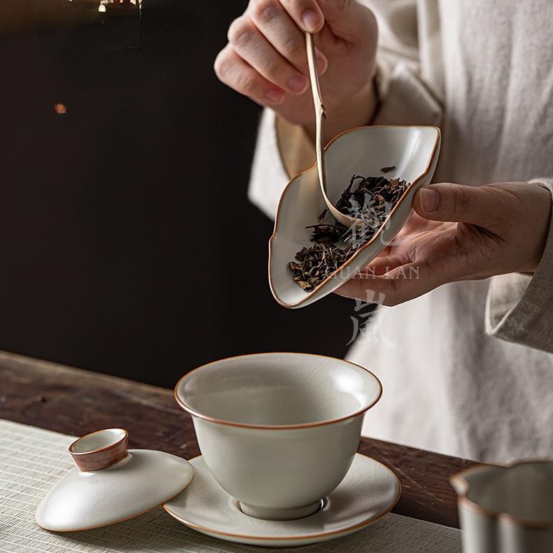 Retro Cream Ru Kiln Ceramic Tea Scoops Tea Leaf Container Tea Shovel Tea Presentation Vessel Saucer Tea Ceremony Accessories