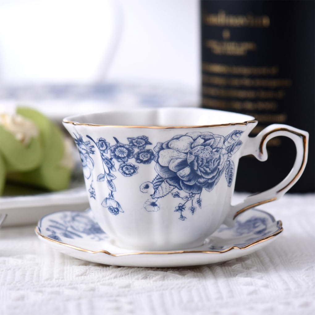 WAIT FLY Vintage Blue and White Ceramic Coffee Mug Set with Saucer, Espresso Cup, Tea Cup, Breakfast Cup, Dessert Plate