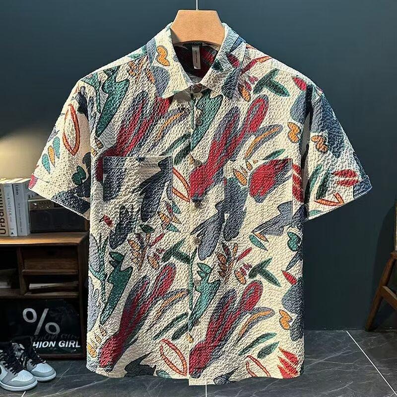 Hawaiian beach flower shirt men's Hong Kong style retro style short-sleeved shirt casual