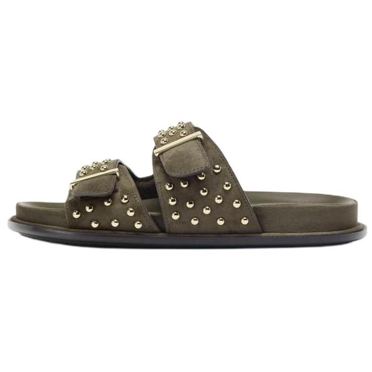 Zara Open-Toe Vintage Slide Sandals Women Footwear Khaki-Green 2607610032