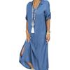 Women Half Sleeve Side Slitting Hem V-neck Loose Long Denim Dress Streetwear for Daily Life