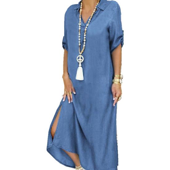 Women Half Sleeve Side Slitting Hem V-neck Loose Long Denim Dress Streetwear for Daily Life