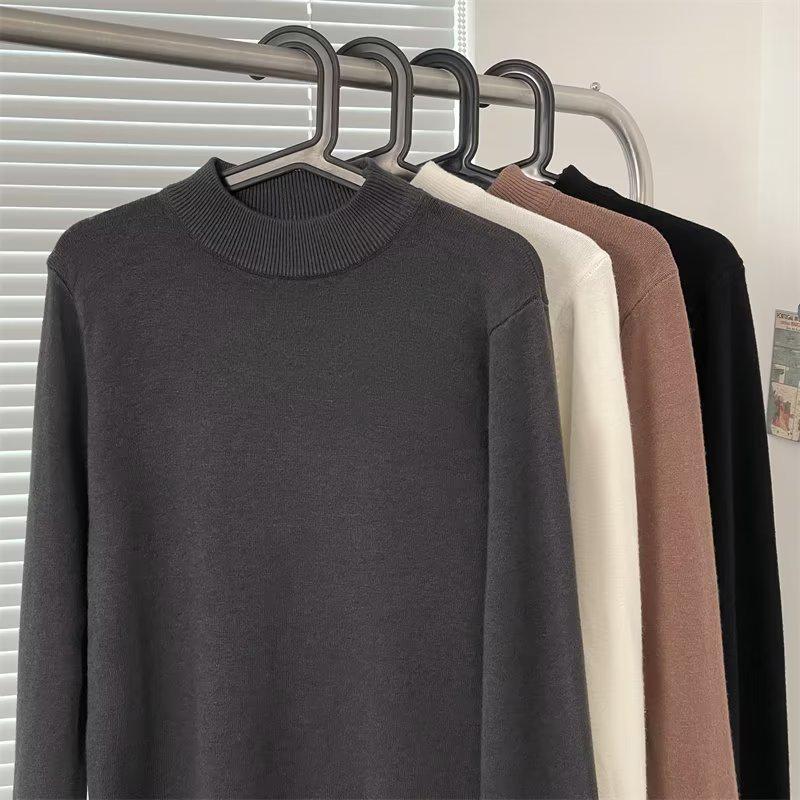 Men's Korean Style Mid-Neck Knit Sweater - Long Sleeve, Loose Fit, Solid Color, Autumn/Winter Layer