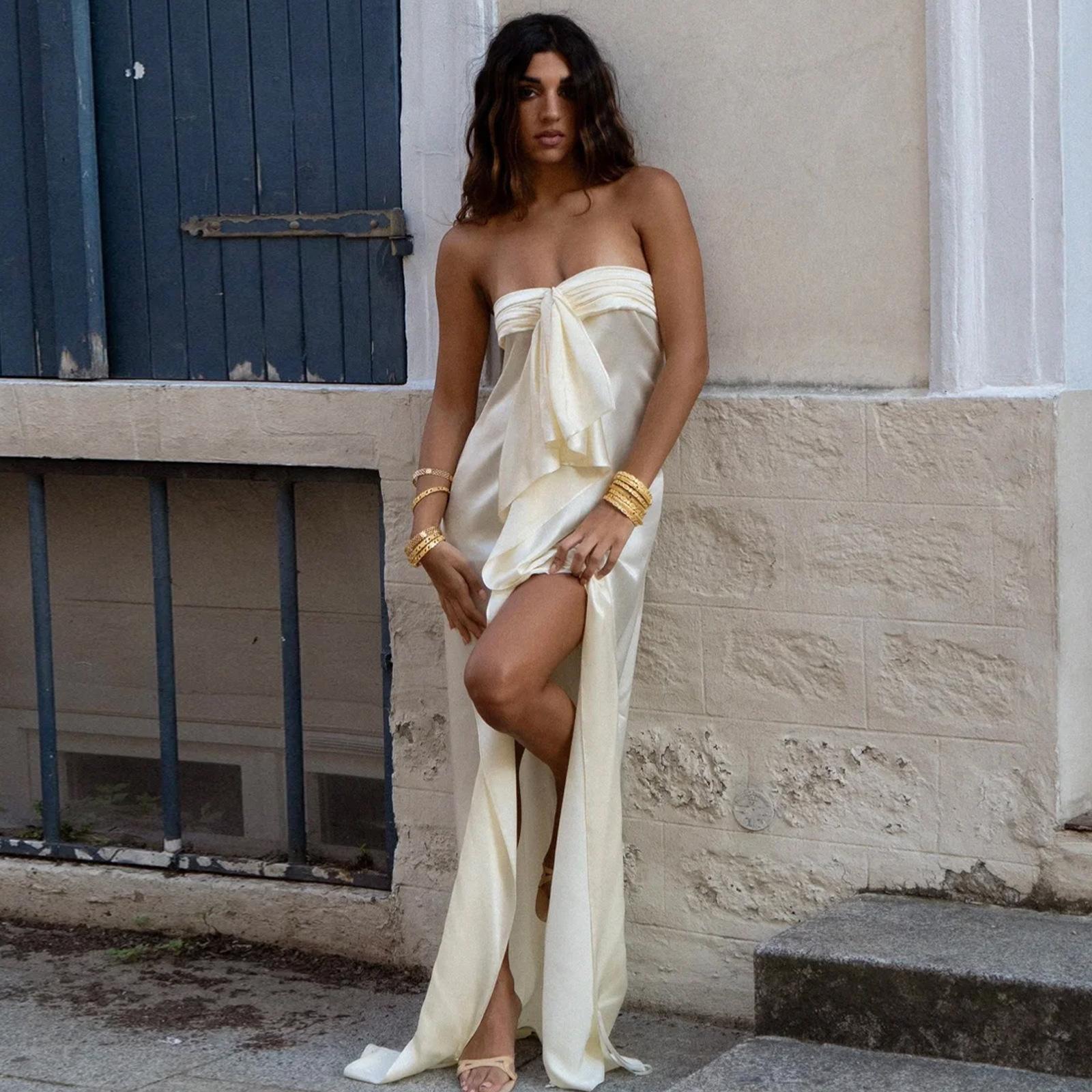 

European and American women s clothing summer new fashion temperament elegant high-end satin split shoulder tube top dress L абрикосовий