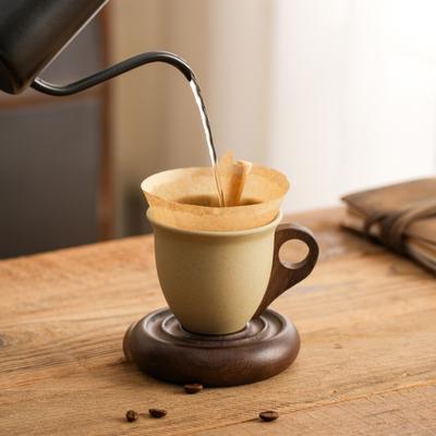 Yousheng Coffee Cup with Wooden Handle Cone-Shaped Ceramic Mug 210ml Tapered Vintage Latte Mug Stable Wood Base Decorative Tea Cup