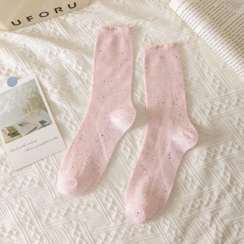 Pointed Yarn Pile Socks - Children's Autumn and Winter Embroidered Bow Tie Mid-calf Socks, Trendy and Versatile Lace Long Socks