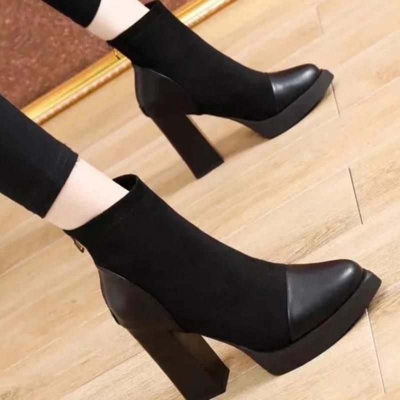 2025 Shoes for Women Ankle Women's Boots Platform Modern Boots Women Flock Back Zip Pointed Toe Chunky High Heels Shoes Female
