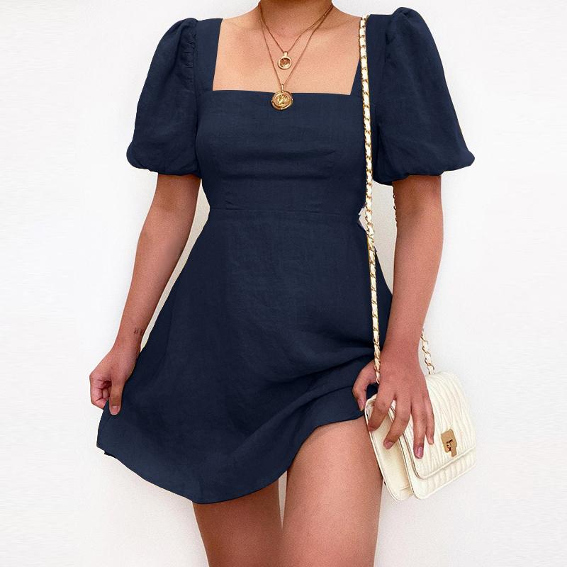 

ZANZEA Женское платье А-силуэта с квадратным вырезом, короткими рукавами-буфами, приталенное, с боковой молнией M тёмно-синий