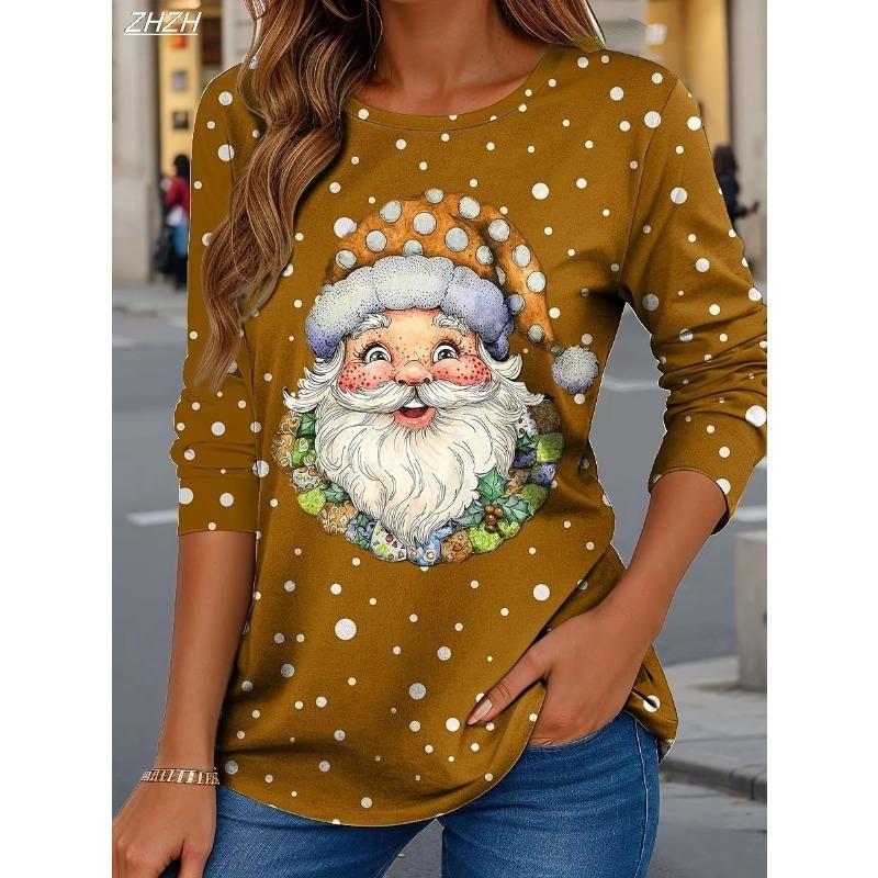 2025 Christmas Women's T Shirt Graphic Santa Claus Fashion Casual Long Sleeve T-shirt Crew Neck Regular Tops Print Spring Fall