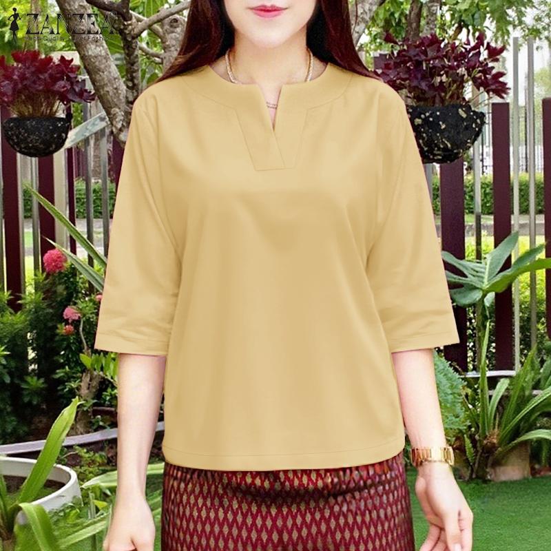 ZANZEA Women Casual V-Neck Solid Color 3/4 Sleeve Blouse