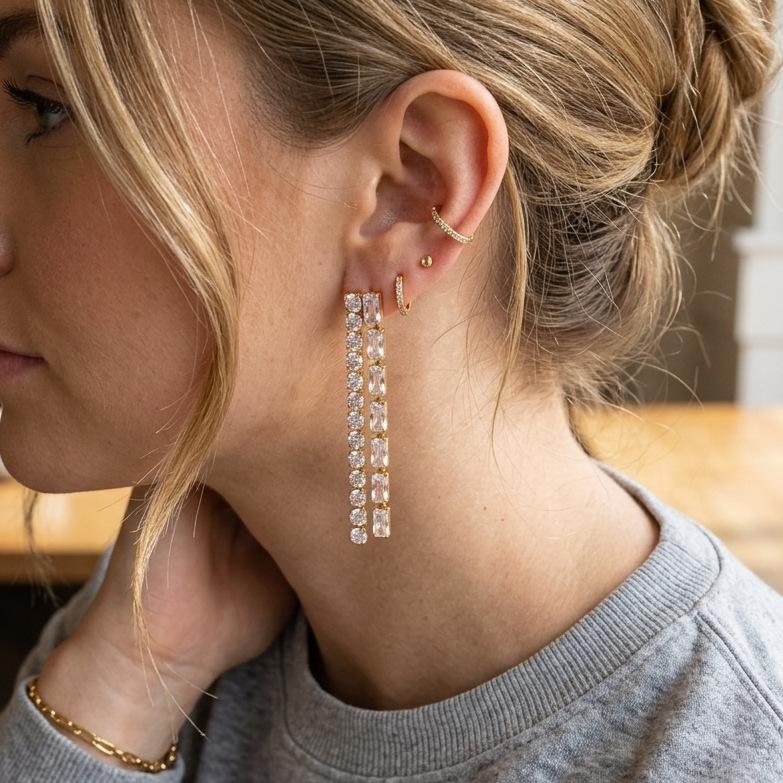 Stainless Steel Baguette Round CZ Drop Earrings 18K Gold Plated Linear Tennis Statement Earrings for Women