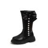 Girls High Boots with Bow-knot  Non-slip Fashion Children Pearls Elegant Princess Boots Side Zipper Kids Leather Long Boots