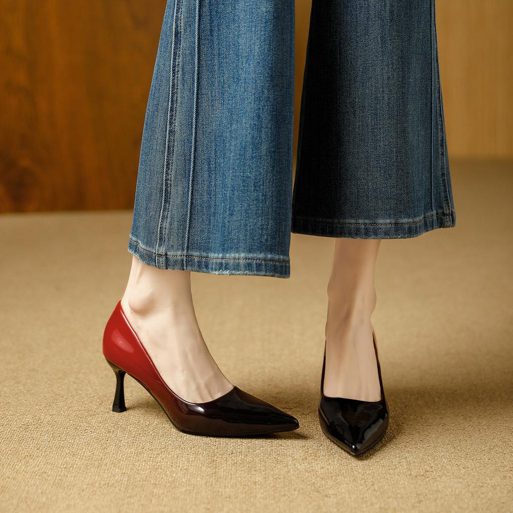 Pointed thin heels high heels high sense not tired feet 2026 spring temperament patent leather color matching light mouth single shoes