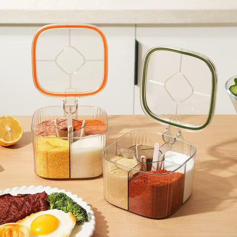 4 Grids Salt Pepper Seasoning Box Transparent Lid Spice Jar Chili Powder Sugar Bowl Condiments Storage Container Kitchen Gadgets