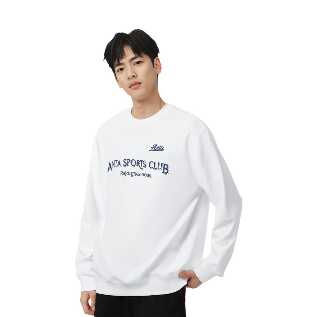 Anta Lifestyle Series Letter Print Easy Care Pullover Sports Long Sleeve Sweatshirt Men sweatshirt Paper-White 152418732-1