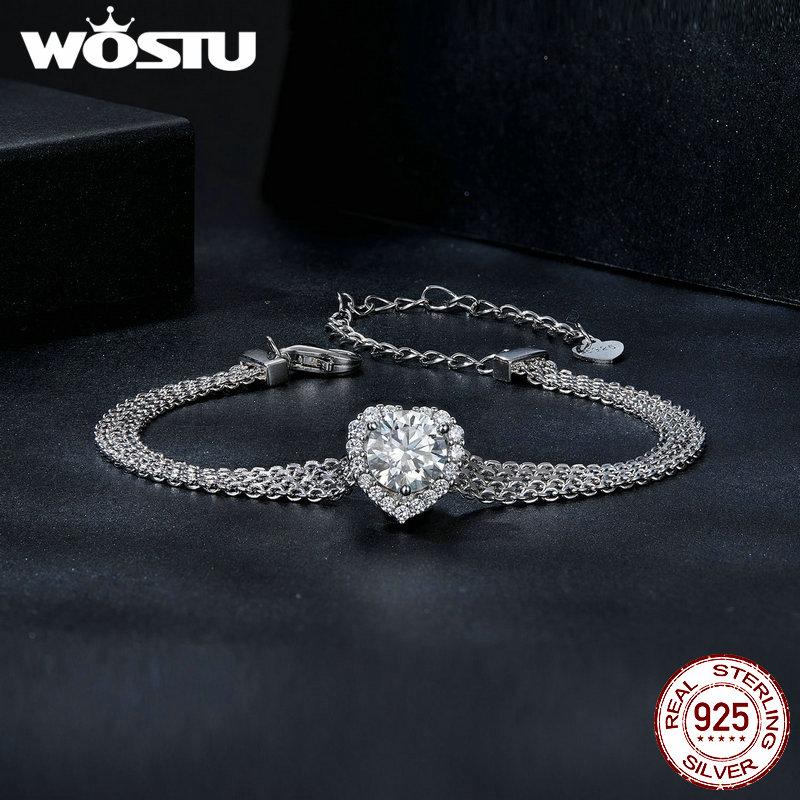 WOSTU 1 CT Sparkling Moissanite Heart Bracelet For Women 925 Silver Lab Diamond moissanite Star Flat wide chain Links