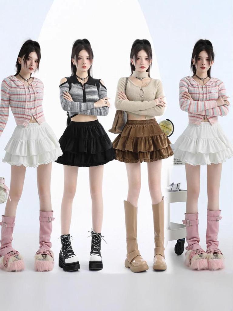 Velvet High-Waist A-line Skirt: Women's Sweet Hepburn Style for Spring/Autumn
