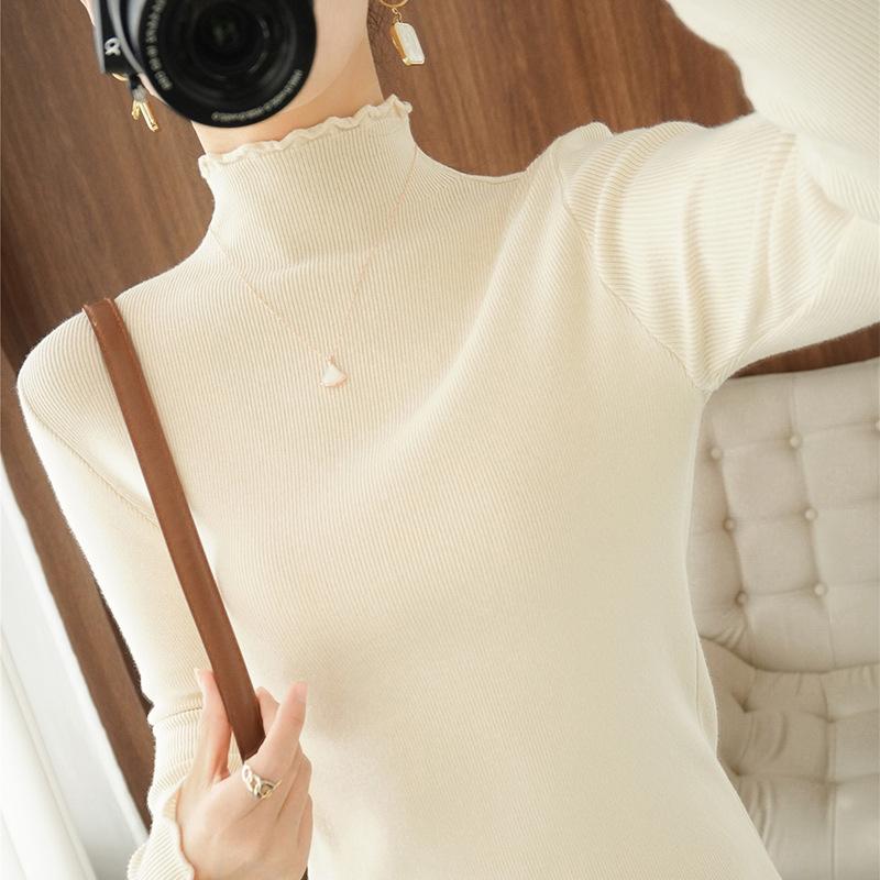 Slim-fit and thin women's bottoming shirt solid color knitted pullover sweater lace collar short long-sleeved sweater with tight fit inside