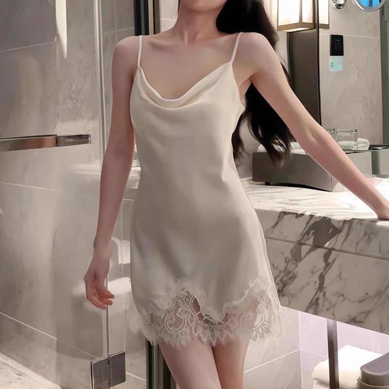 Women's Ice Silk Spaghetti Strap Nightgown, Haute Couture Light Luxury, Slim Fit Backless Midi Dress with Bra Pads - Sexy Spring/Summer Pajamas.