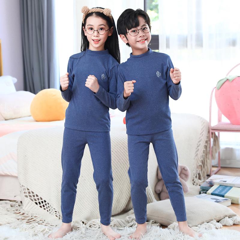 Children's Brushed Collar Underwear Set - Boys and Girls Warm Solid Color Autumn/Winter Pajamas