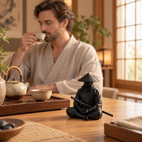 Tea Room Zen Decoration Japanese Samurai Warrior Statue, 3D Printed Ninjas Figurine, Sit in Meditation Entrance Hall Statuette Sculpture for