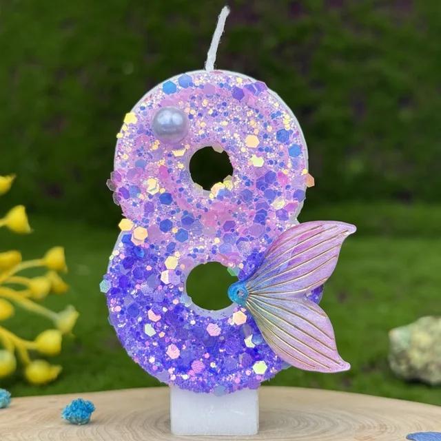 1pc Purple Mermaid Tail Glitter 0-9 Number Candle Decoration Anniversaire Birthday Party Candle Cake Decoration Toos for Girls