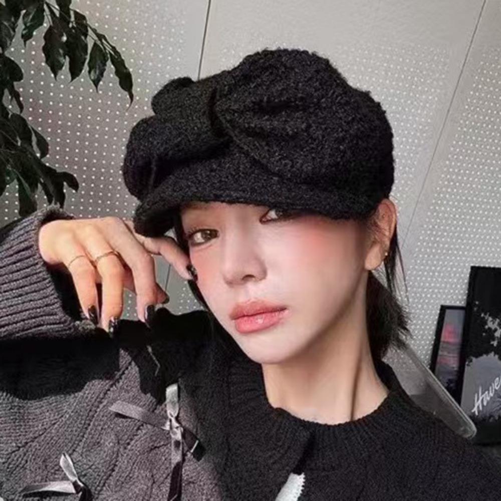 

Fashion Polyester Beret Casual Bow Tie Newsboy Hat Retro Beige Octagonal Beret Early Spring чёрный