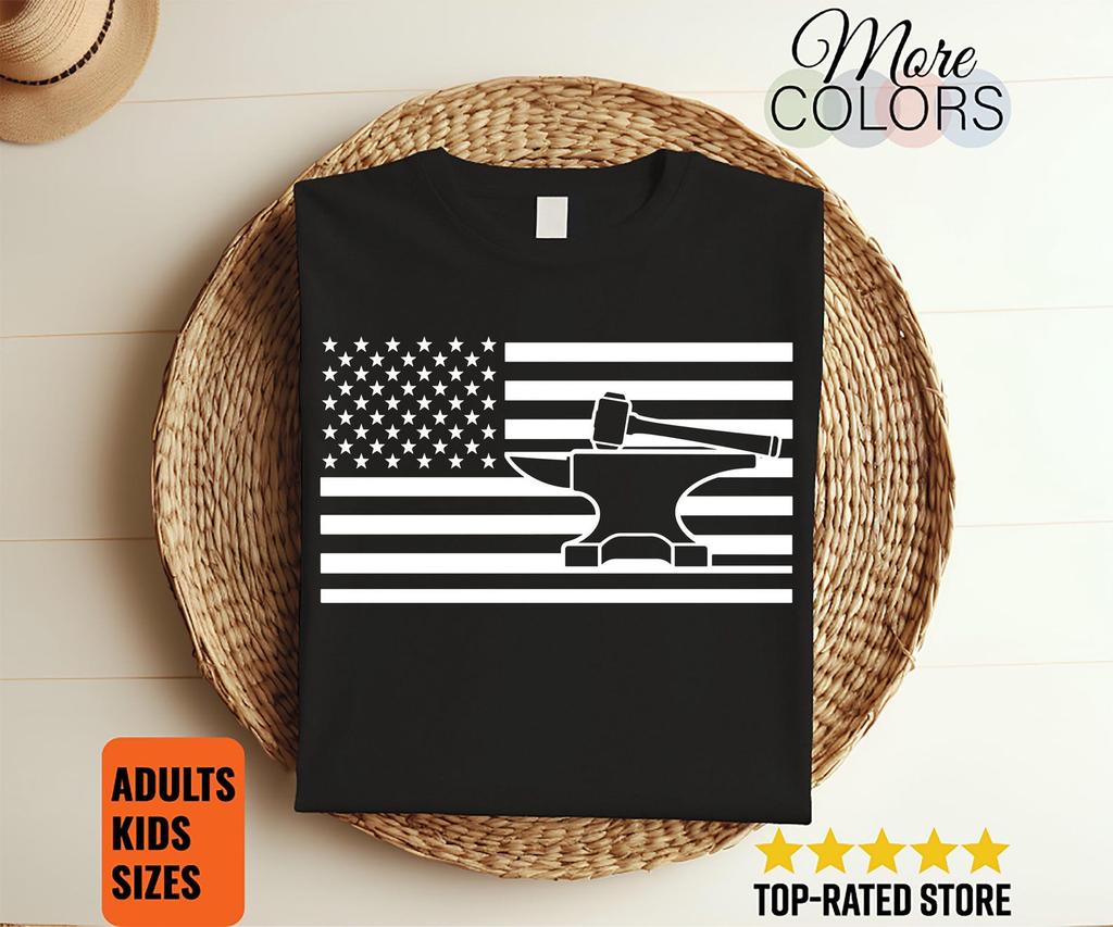 Blacksmith American Flag Shirt, Hammer Anvil Design, Patriotic Metalworker Gift, USA Craftsman, Forging Hobby, July 4th, Birthday, Christmas