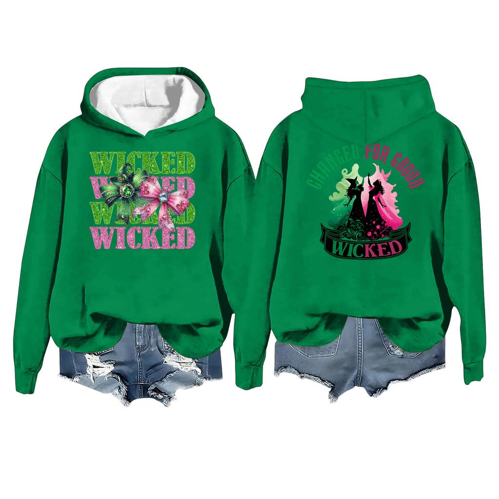Women's Casual Long Sleeve Pullover Witch Print Hooded Sweatshirt