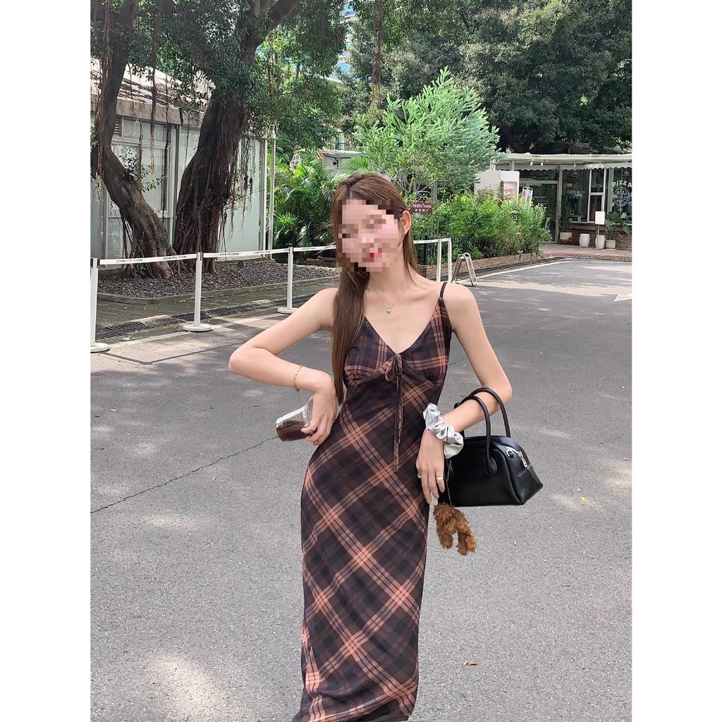 New Design Mesh Dress Women's Summer Spice Girl Waist Retro Plaid Suspender Skirt A-word Long Dress Ins