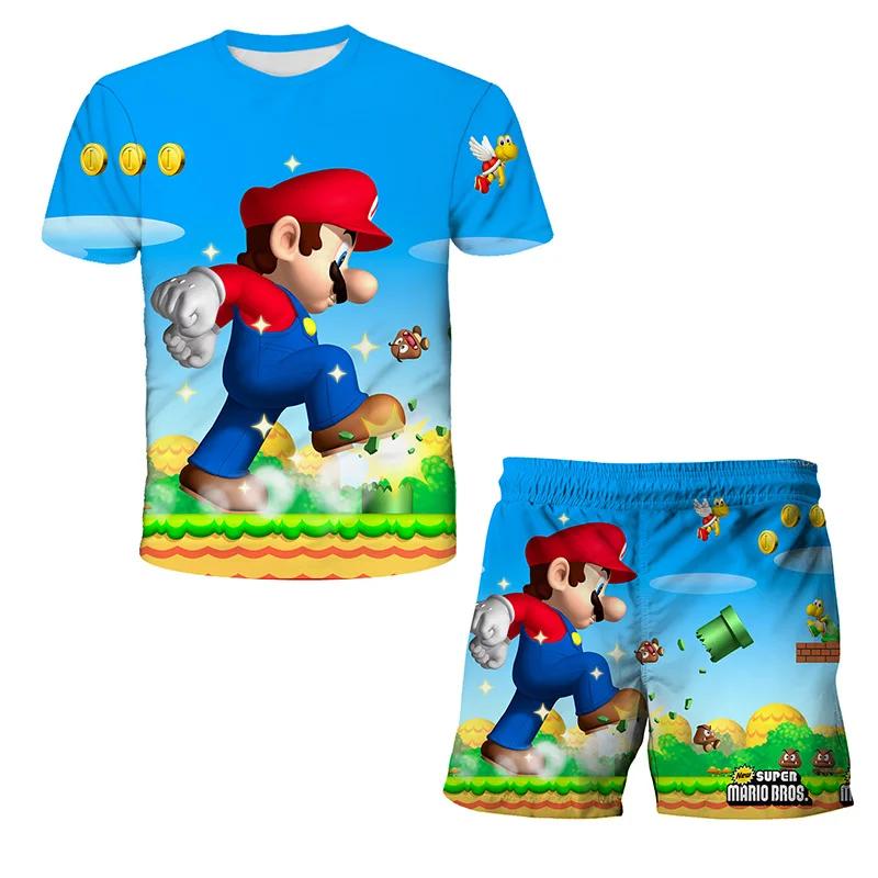 2025 MINISO Dětské oblečení Sady Cosplay Super Mario Trička Šortky 2 ks Obleky Děti Chlapci Dívky Topy Tričko Mario Bros Tričko Kalhoty Oblek