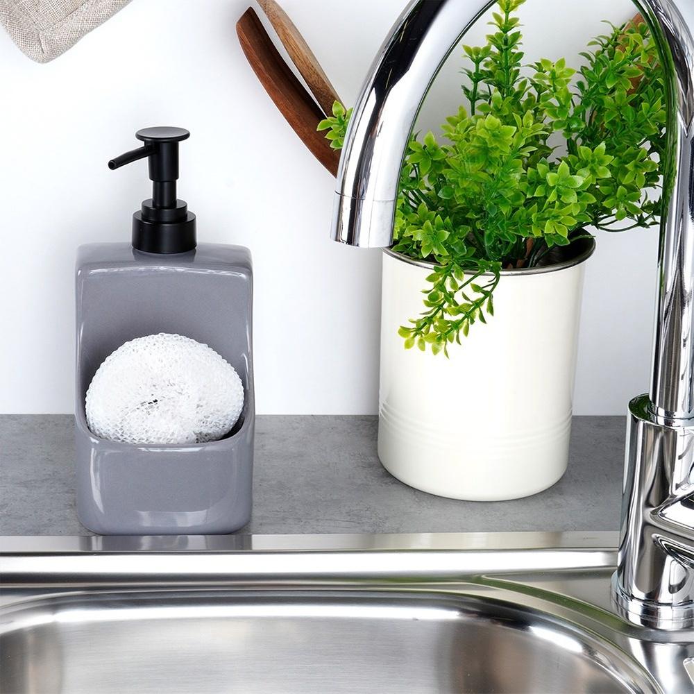 Dishwashing liquid dispenser with sponge container and sponge, ceramic, gray, 400 ml