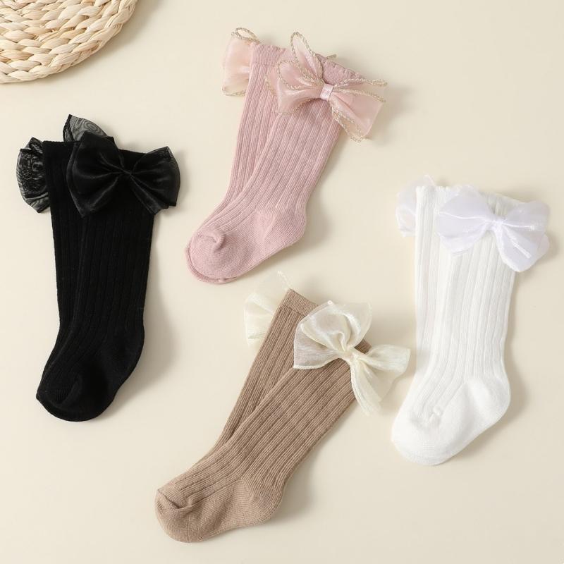 4pairs/set New Autumn Baby Girls Socks 0-2Y Infant Bow Solid Color Mid-tube Socks Baby Accessories