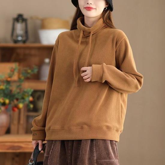 Women's Moral Velvet Sweatshirt Autumn Winter Loose Casual Flocked Pullover Sweatshirt Comfortable Warm Stand Collar Sweatshirt