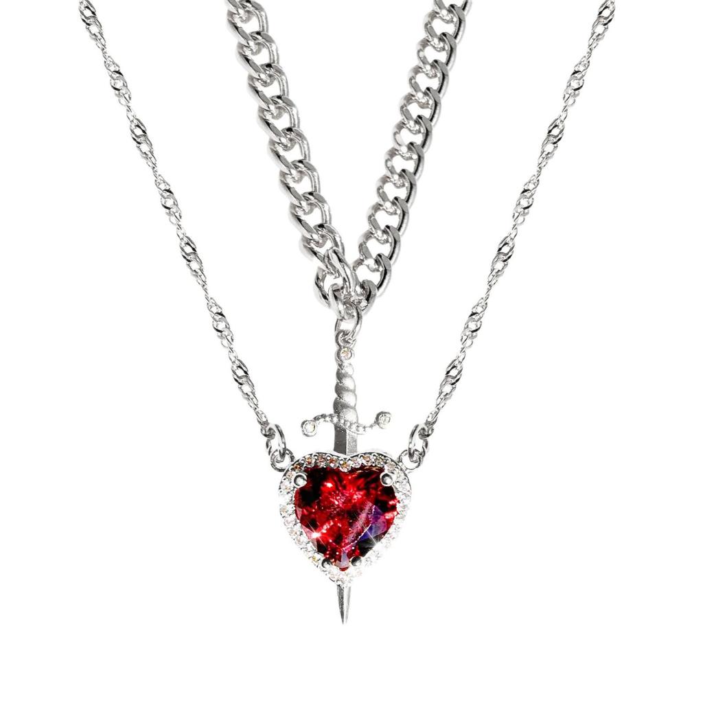 18k Gold Plated Clavicle Chain Necklace with Ruby Heart and Arrow Design, Inlaid Zircon, for Couples