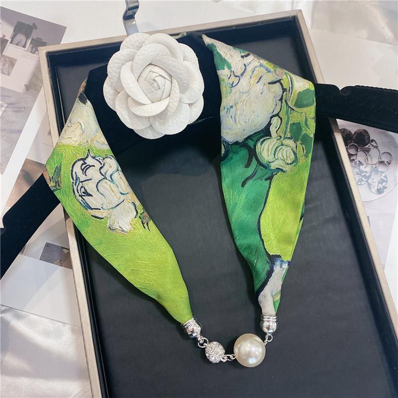 Luxury Design Magnetic Button Summer Silk Scarf Women Magnetic Pearl Necklace Scarves High End Matching Shirt Scarf Lady