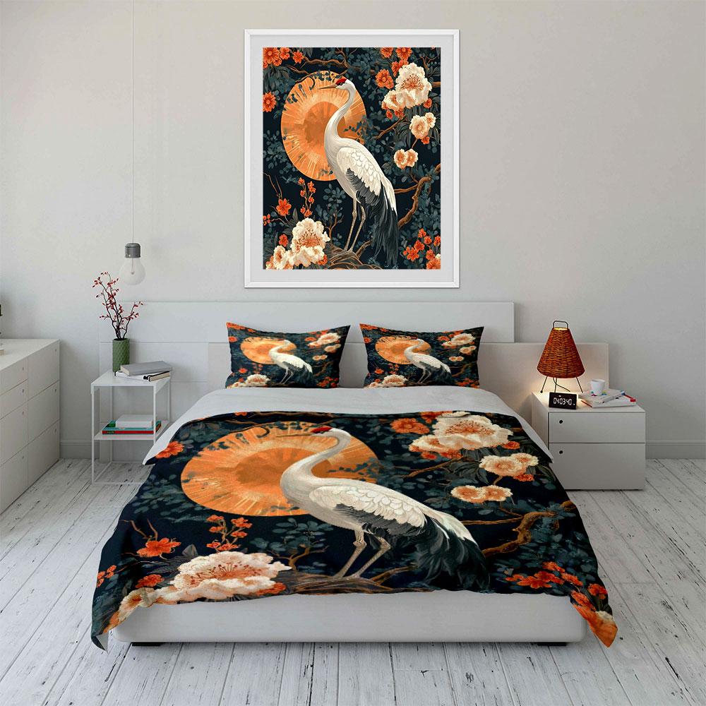 Crane with Floral Sunset Bedding Duvet Cover Set  (1*Duvet Cover 2*Pillowcases, without duvet insert)