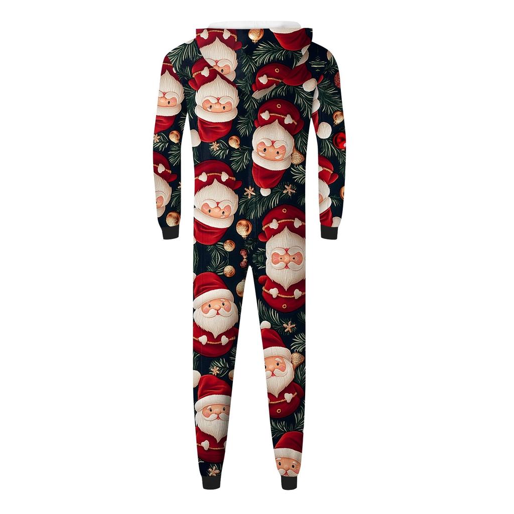 Christmas Print Parent-Child Outfit Hooded Zipper One-Piece Fashionable Home Suit Set