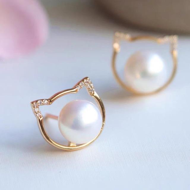 Cute cute pet cat natural freshwater pearl earrings 14K bag gold stud earrings silver needle niche design fashion earrings