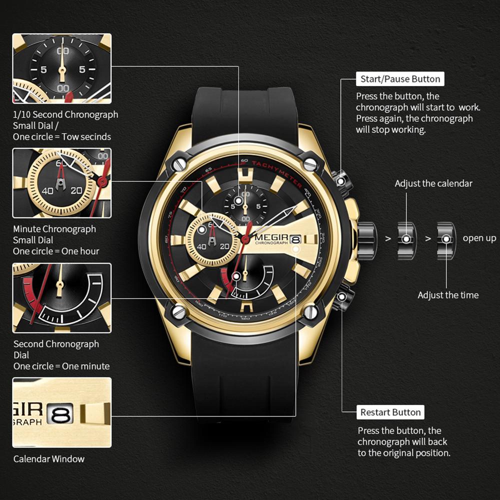 Megir Chronograf Pánské Sportovní hodinky Pánské Silikonové Automatické Datum Quartz Hodinky Pánské Luxusní Značka Vodotěsné Relogio Masculino