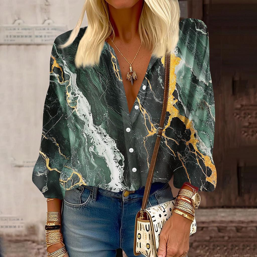 Cămașă de damă cu nasturi ocazional imprimeu modă gât rotund cu umăr cămașă Top cu șapte mâneci