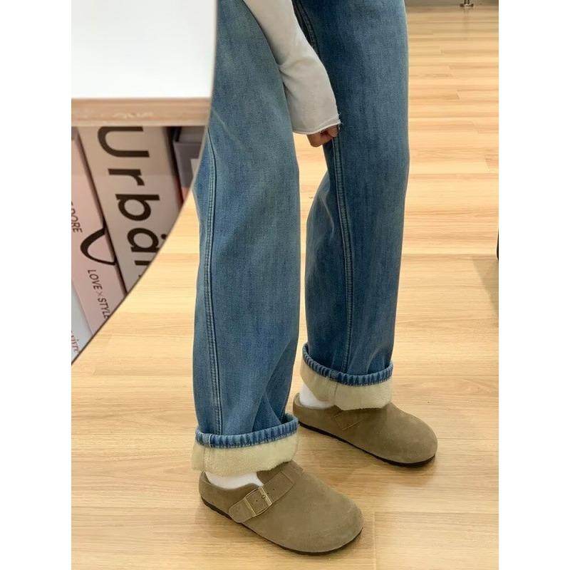 Fleece and thickened design jeans women's trend straight-leg pants