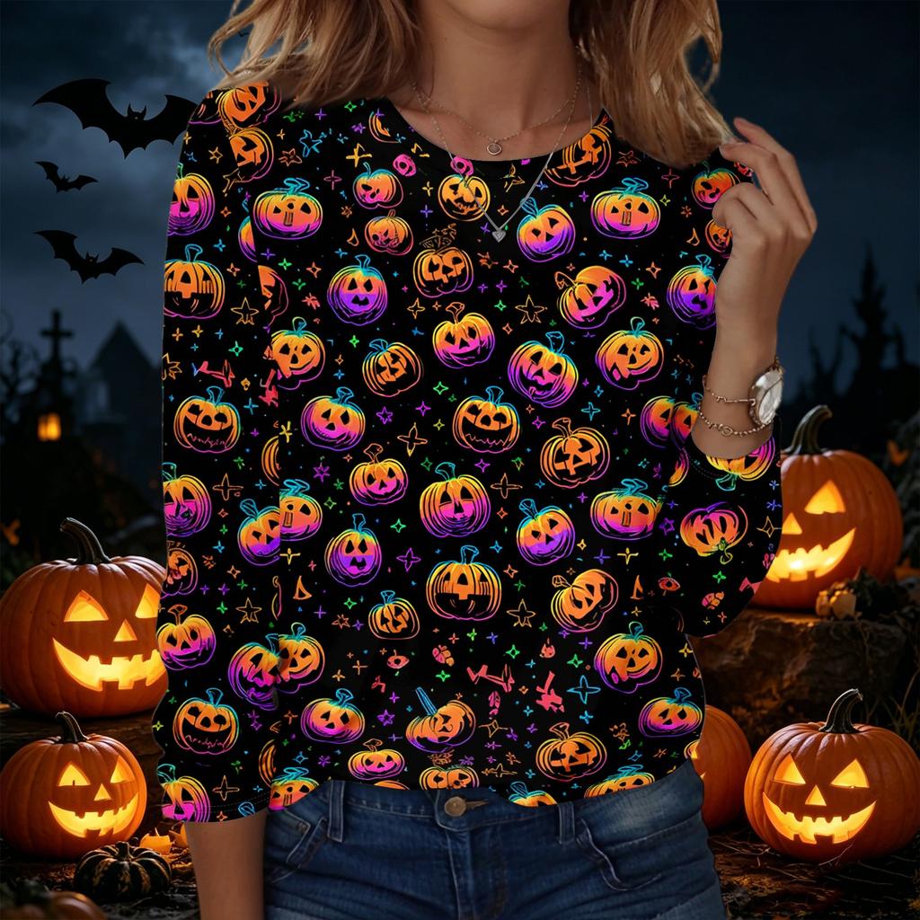 Women's Halloween Printed Pullover Sweatshirt Long Sleeve Crew Neck Casual Top for Fall and Winter Seasonal Wear