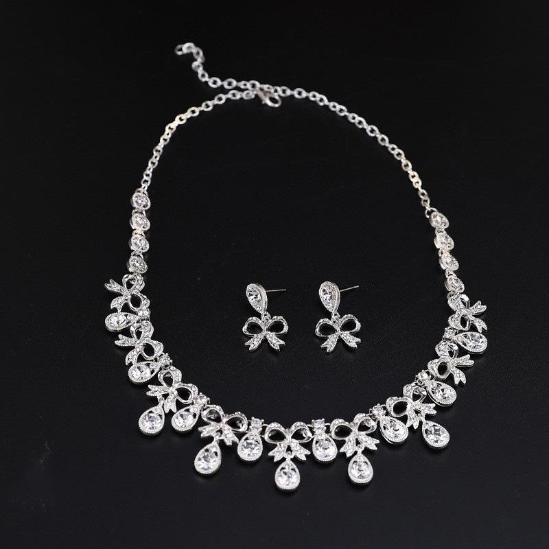 Rhinestone Bow Teardrop Jewelry Set: Stylish Stud Earrings & Necklace with Clavicle Chain